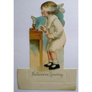 Halloween Diecut Placecard Ellen Clapsaddle Wolf Original Girl Candle Blindfold